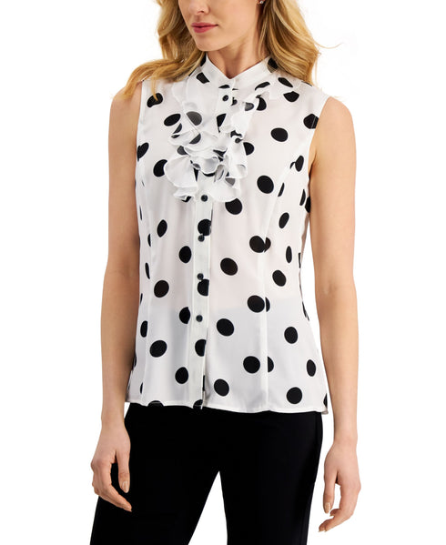 Kasper Womens Polka Dot Sleeveless Ruffled Button Down Top